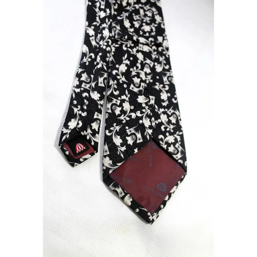 Vintage Custom Silk Necktie, Black & Beige Floral, 3.5 X 56 Inches